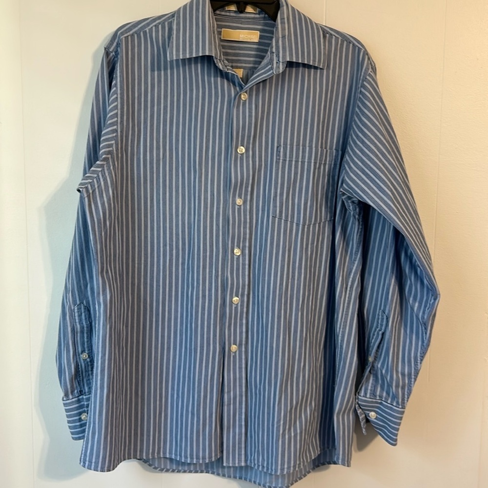 Men's Michael Kors size 16‎ 34/35 long sleeve striped blue button down shirt.